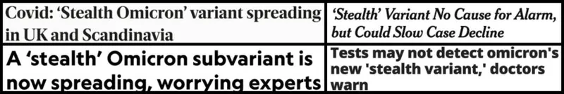 headlines mentioning the "stealth variant" of omicron