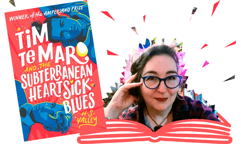 Bright breezy book cover showing torsos of two young men, illustrated in happy bright blue. Beside the cover, photo of a smiling woman wearing glasses, illustration of a book open in front of her.