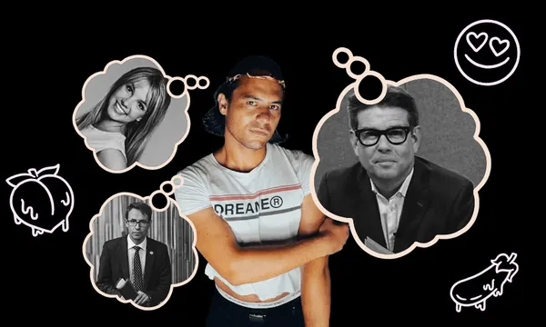 Photo of young man surrounded by thought bubbles showing Britney Spears, John Campbell and Ashley Bloomfield, plus eggplant and peach emojis.
