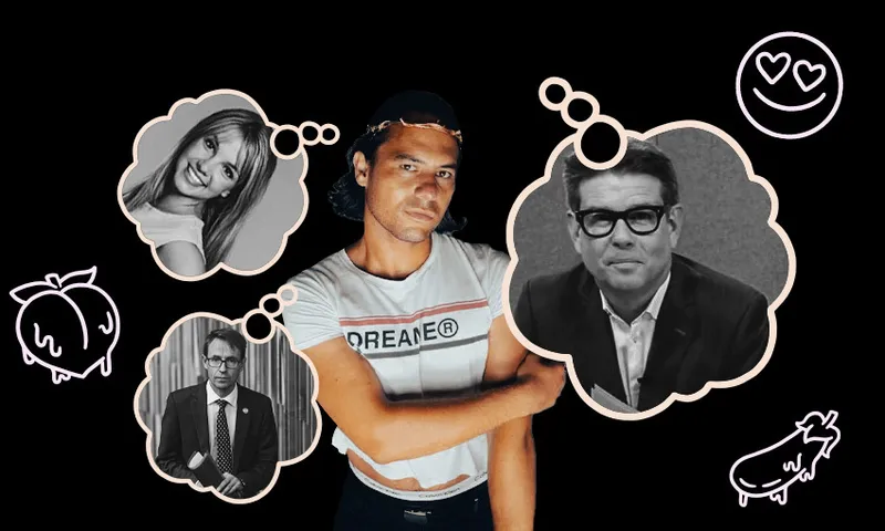 Photo of young man surrounded by thought bubbles showing Britney Spears, John Campbell and Ashley Bloomfield, plus eggplant and peach emojis.
