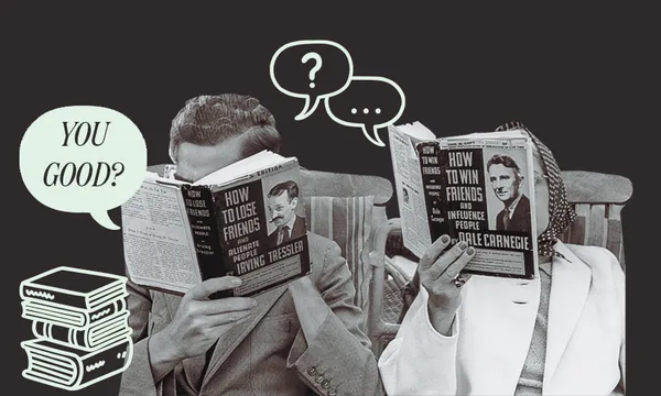 Black and white photo showing a man and woman sitting in adjacent chairs, holding the book "How to win friends and influence people", plus a spinoff of same, in front of their faces.