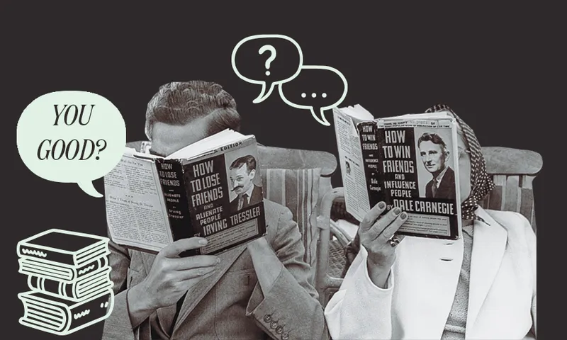 Black and white photo showing a man and woman sitting in adjacent chairs, holding the book "How to win friends and influence people", plus a spinoff of same, in front of their faces.