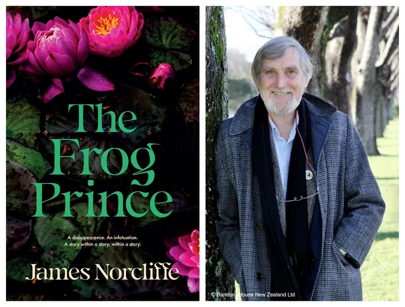 Book cover showing bright pink waterlily blooms on dark water; author, an older man, leaning against tree, wearing coat and scarf.