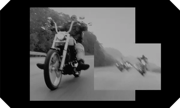 black and white photograph, a bit fuzzy, of a man on a Harley Davidson. Flanked by another, smaller photo of a group of men on similar-looking motorcycles.
