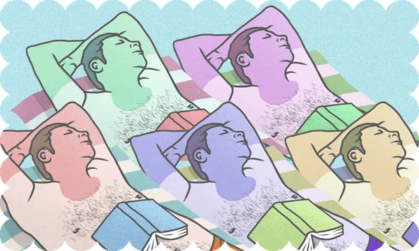 Illustration of a white man lying on his back on a towel, T shirt tan lines coming through strong. Book open, face down, on his tummy.