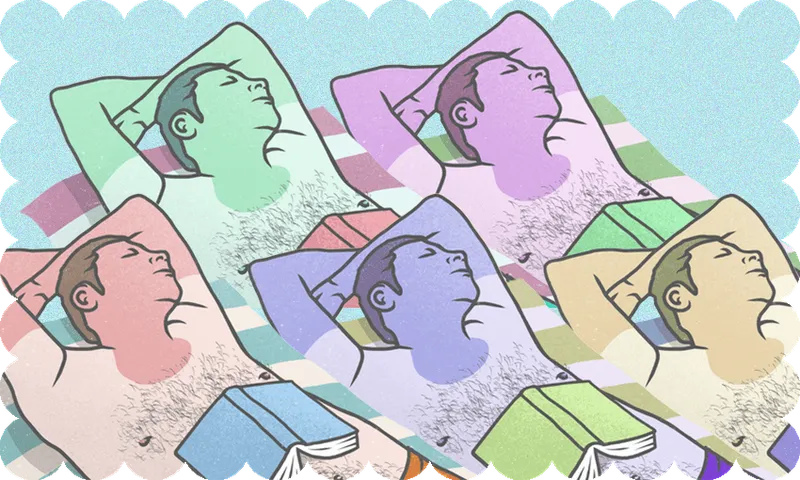 Illustration of a white man lying on his back on a towel, T shirt tan lines coming through strong. Book open, face down, on his tummy.