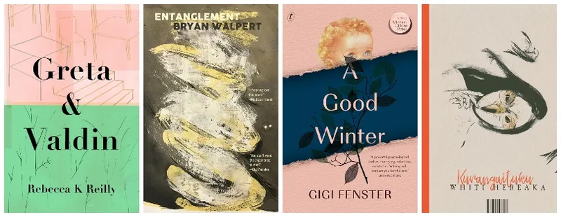 Four book covers, overall effect is light pinks and beiges.