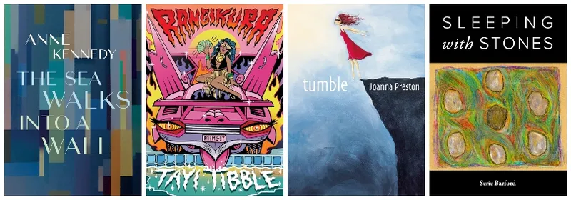 Four book covers, one vibrant pink street art, two cool blues and one yellows and greens.