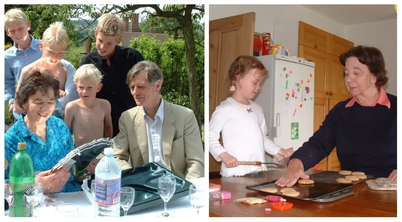Family photo showing an older couple seated in a garden, unwrapping gifts as a crop of golden-haired grandchildren look over their shoulders. In another photo, the woman of the couple makes cookies with a preschooler.