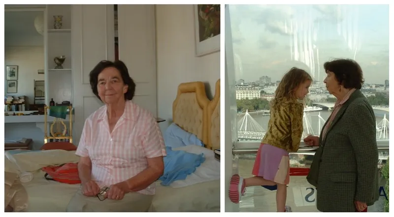 Photograph of a middle-aged woman seated on her bed in a large bedroom. Books and knick knacks visible behind her. In another photograph, the woman is at a huge window, but ignoring the view entirely to smile at the little girl beside her.