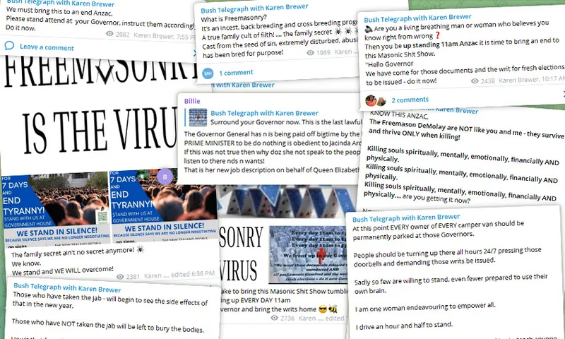 A collage of Telegram posts by Karen Brewer, many devoted to the evils of Freemasonry