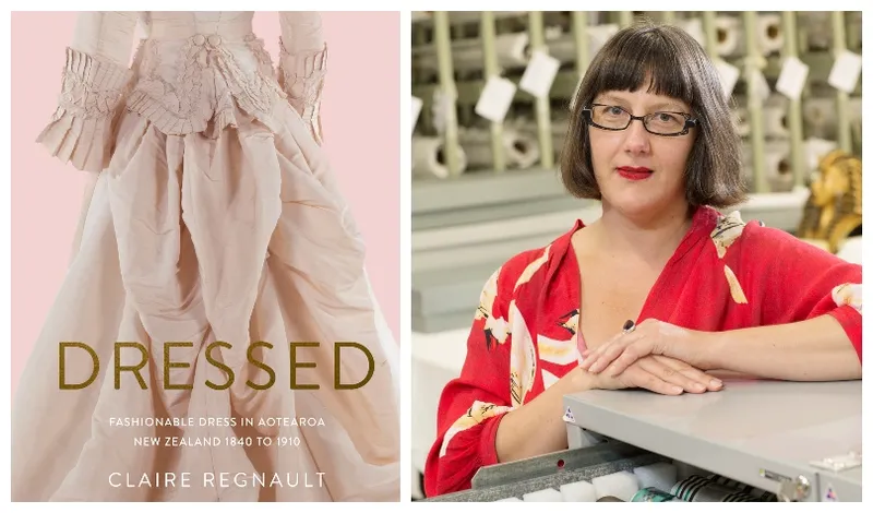 Photo of a book cover showing a sumptuous bustled dress; photograph of a middle-aged woman wearing red, with a bob hairstyle.