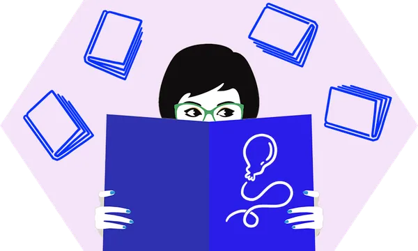 Illustration of a woman with glasses and short dark hair, holding a big book up in front of her face, doing side-eyes. Book emojis flying around her. All in tones of royal blue and violet.