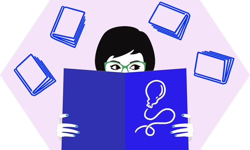 Illustration of a woman with glasses and short dark hair, holding a big book up in front of her face, doing side-eyes. Book emojis flying around her. All in tones of royal blue and violet.