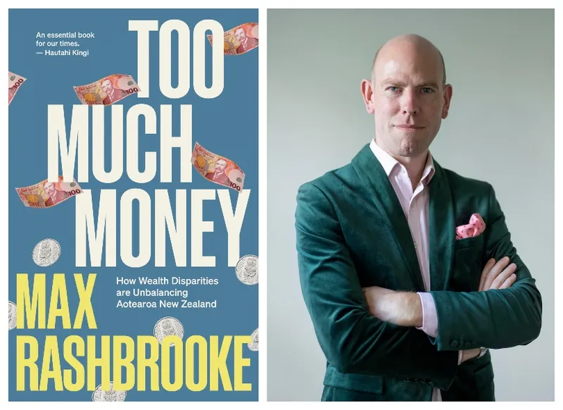 Left panel is a book cover showing coins and notes floating down over the title. Right panel is a portrait photo of a middle-aged white man, wearing a suit, arms crossed.