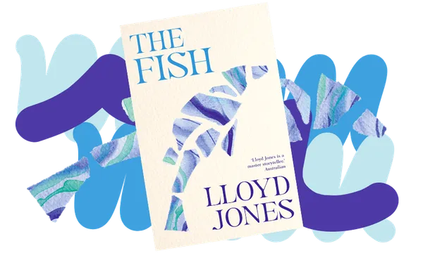 A book cover showing a stylised illustration of a fish, all done in blues on cream. Background design using the blues.