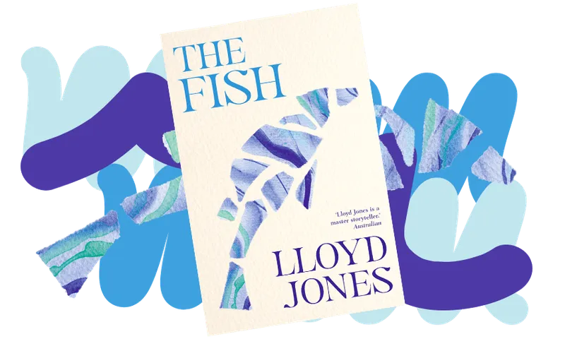 A book cover showing a stylised illustration of a fish, all done in blues on cream. Background design using the blues.