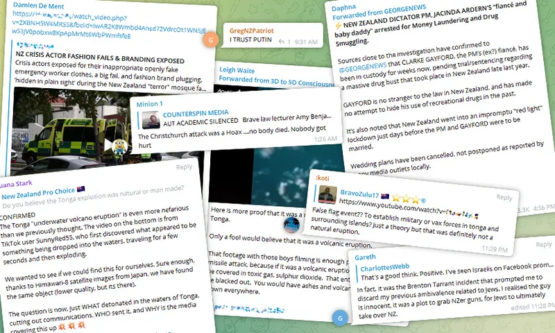 A collage of conspiracy theory messages from Telegram
