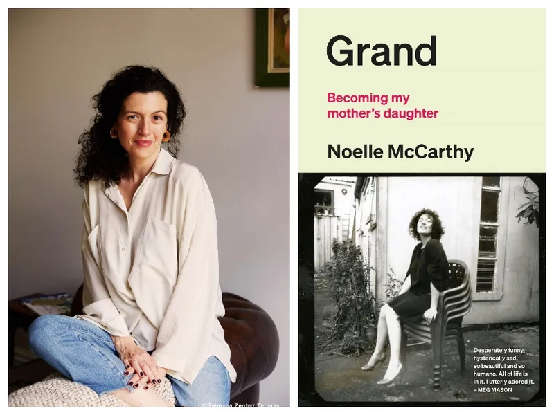 Photograph of middle-aged woman, smiling, perched on the arm of a couch. Wearing a very cool cream silk shirt and jeans, brown curly hair loosely pulled back. A contented smile.