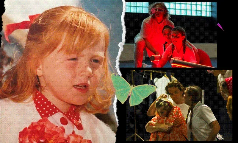 A gif... right panel is a sweet childhood photo of a little red-haired girl, on the right are two panels showing young actors on stage. Butterflies flutter across both.