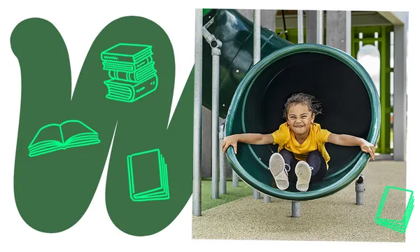 Photo of a Māori girl beaming as she exits a tunnel slide; design feature out the side shows a zigzag of green with book emojis.