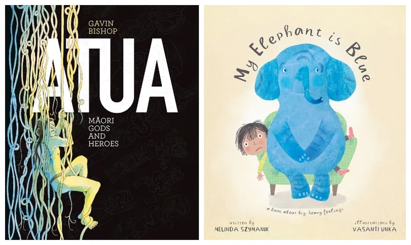 Two picture book covers, one grand and mostly black, the other cheerful, with a blue elephant perched on top of a small child.