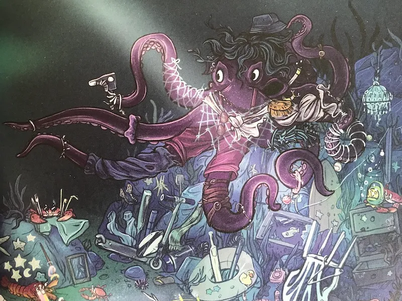 Illustration showing a giant octopus spread over a treasure trove of junk.