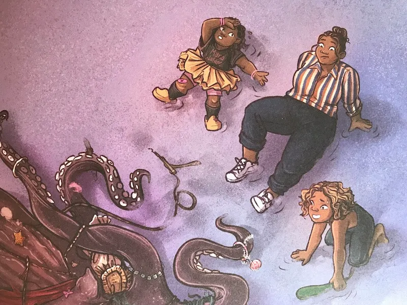 Illustration showing two kids and their mum sprawled on the sand, a huge octopus slumped in front of them.
