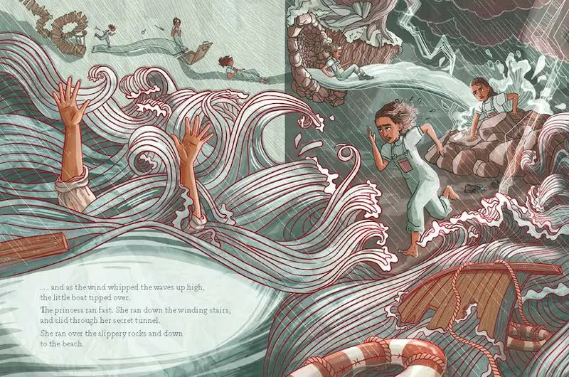Spread from a picture book showing a storm at sea, and a girl racing over rocks to save a drowning boy.