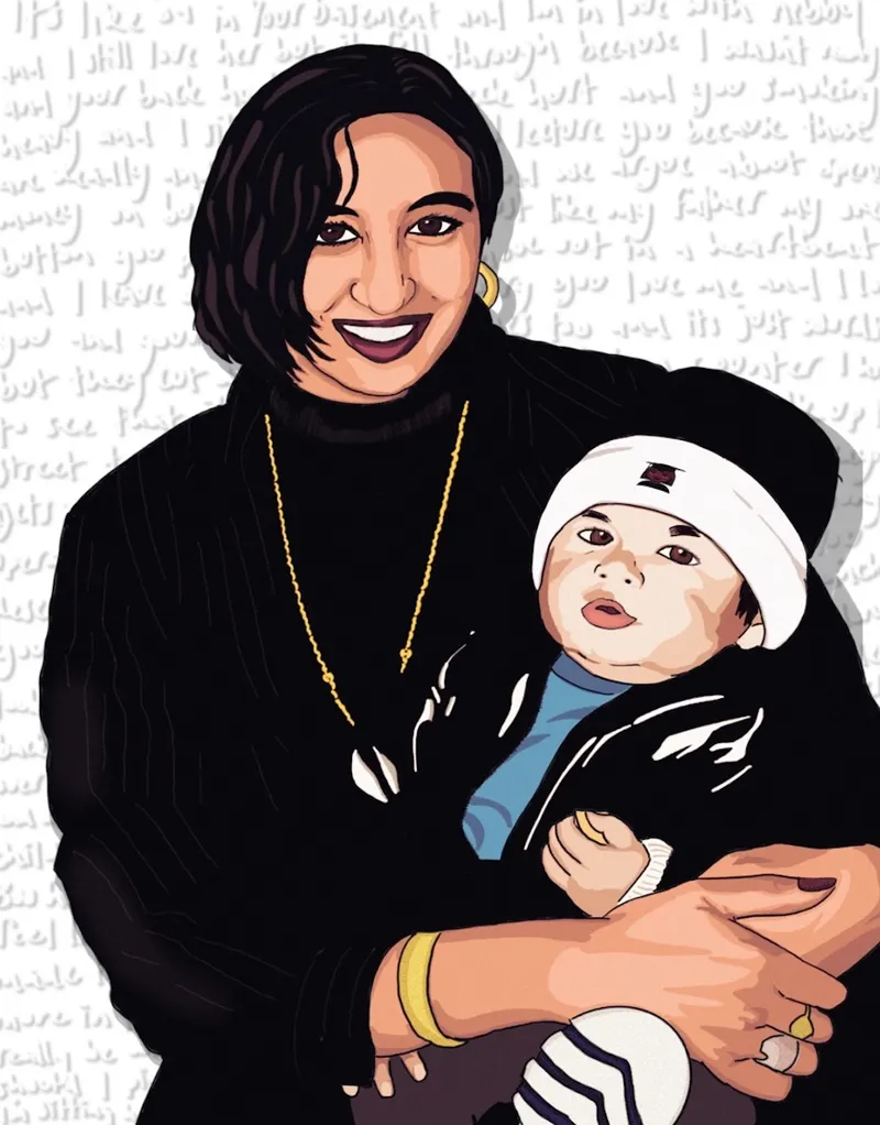 A photo illustration of Rhieve Grey and his mother