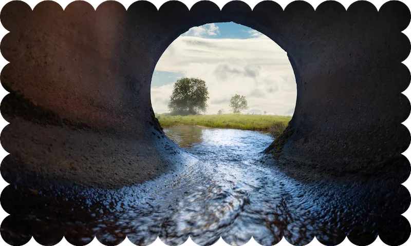 A view looking out a water pipe at a trees beyond