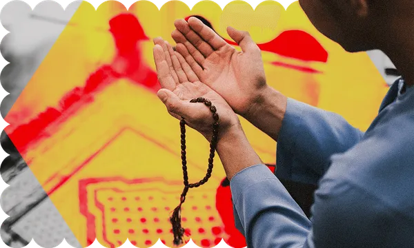 hands holding Muslim prayer beads in front of a red and yellow background