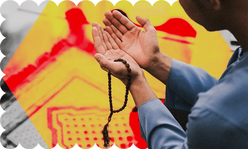 hands holding Muslim prayer beads in front of a red and yellow background