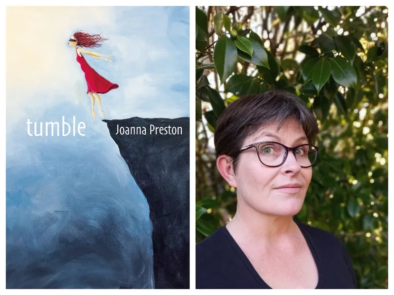 Photo of a short-haired woman against camellia bushes, looking up as if startled. Cover of her poetry collection featuring illustration of a woman toppling off a cliff.