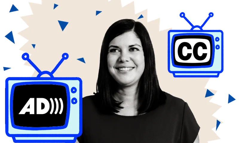 Wendy Youens' head and shoulders with logos of audio description and closed captioning