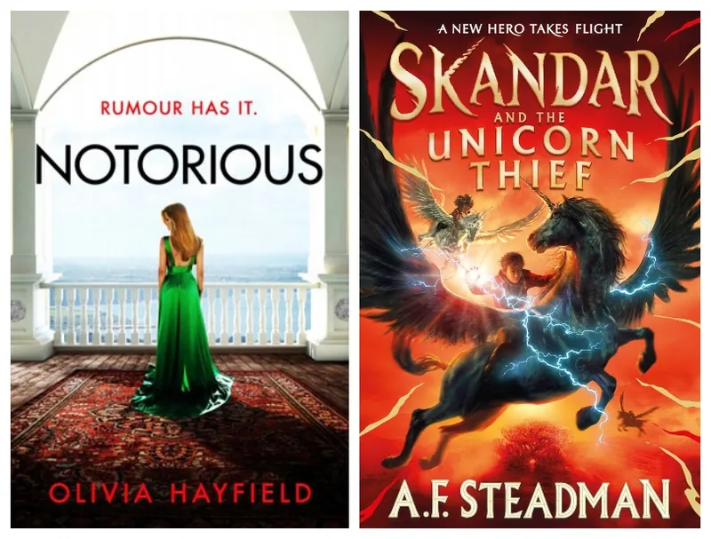 Two book covers - left is a glamorous woman standing looking out a grand window, right is a boy on a unicorn, lightning flashing from its hooves and his hands.