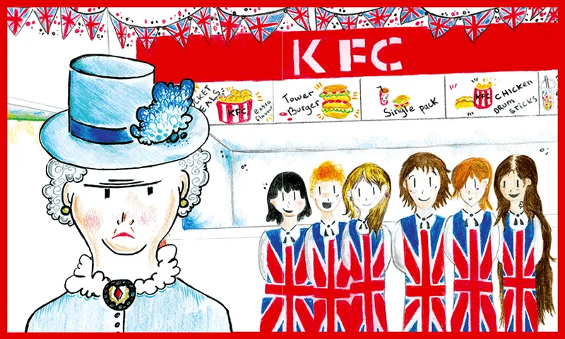 Illustrations showing a hacked-off Queen, a phalanx of KFC staff all dressed in Union Jack aprons, and banners all over the KFC menu.