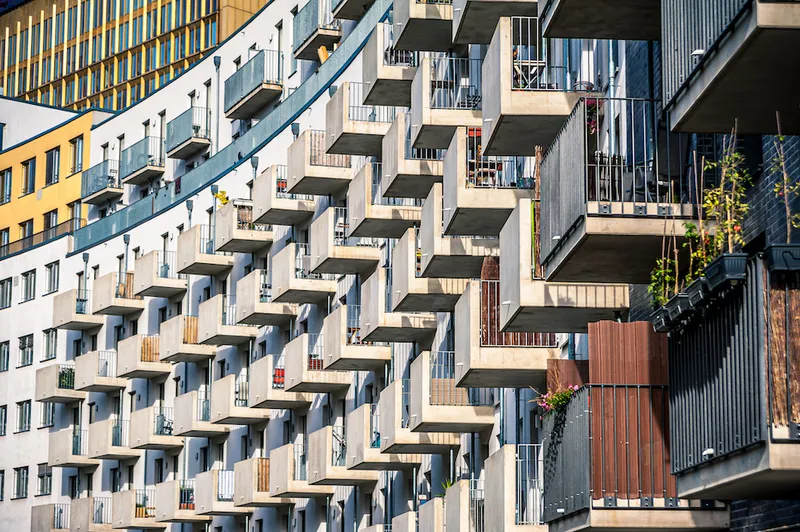 Concrete balconies of a modern residential apartment building in downtown Berlin