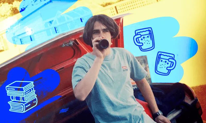 Photo of a teenaged boy with an awesome shapeless mop of hair, slugging back a beer while sitting in a car boot.