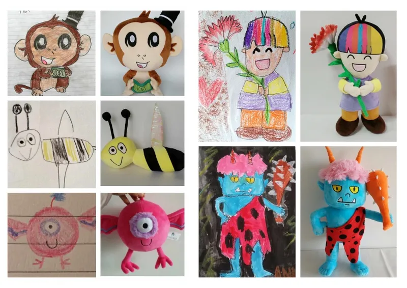 Five sets of before and after pictures showing a child's drawing and a soft toy based on that drawing.