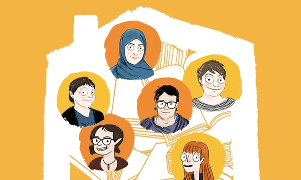 Outline of a house with portraits of six women and a bunch of books inside.