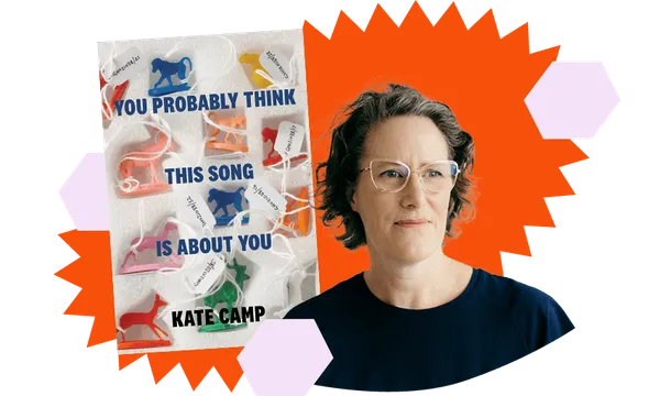 Head and shoulders photo of a middle aged woman in a black t shirt and glasses. Beside her, a book cover. Design elements of orange sunburst behind both.