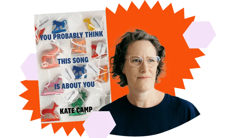 Head and shoulders photo of a middle aged woman in a black t shirt and glasses. Beside her, a book cover. Design elements of orange sunburst behind both.