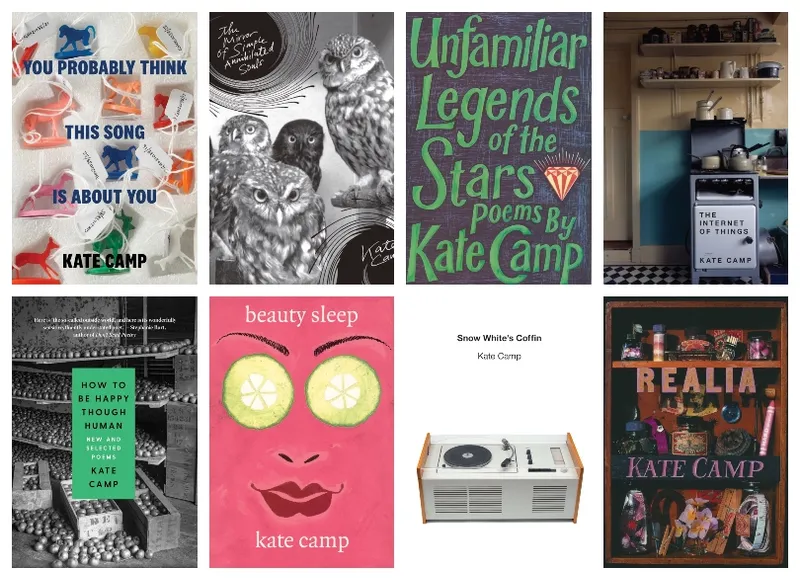 Covers of 8 books, 7 of them poetry, featuring weird and eclectic images.