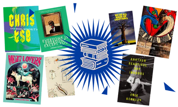 Seven books of poetry arranged around a central stack of books with an 'explosion' illustration.