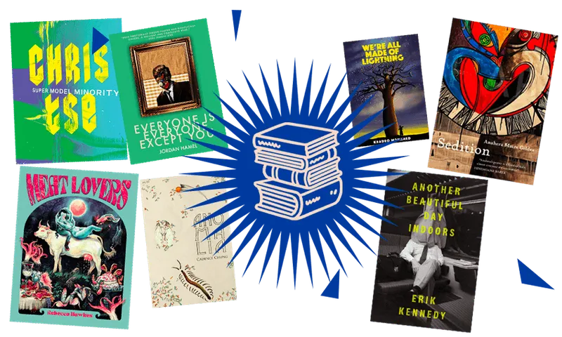 Seven books of poetry arranged around a central stack of books with an 'explosion' illustration.