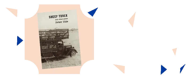 A poetry book showing a black and white photo of an old sheep truck in a paddock.