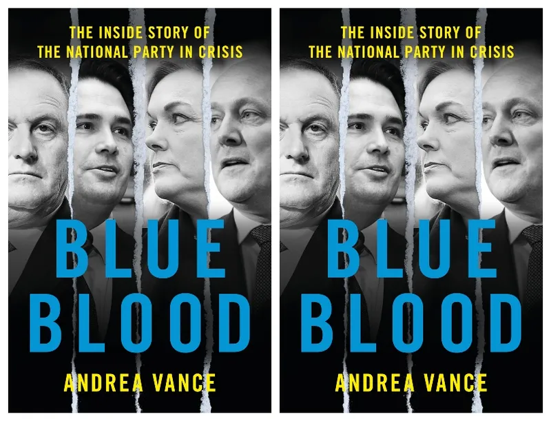 Cover of Blue Blood showing four leaders John Key, Simon Bridges, Todd Muller and Judith Collins.