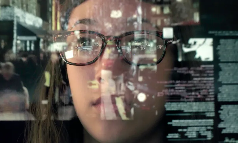 a woman with lots of weird shapes on her face looking survilled