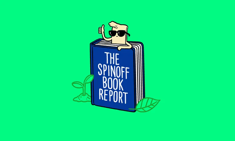 Cool little cartoon dude poking out the top of a book, giving a thumbs up. Green shoots and leaves around base of book.